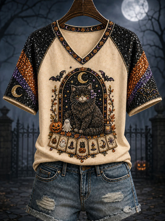 Women's Halloween Black Cat Mahjong V-Neck T-Shirts