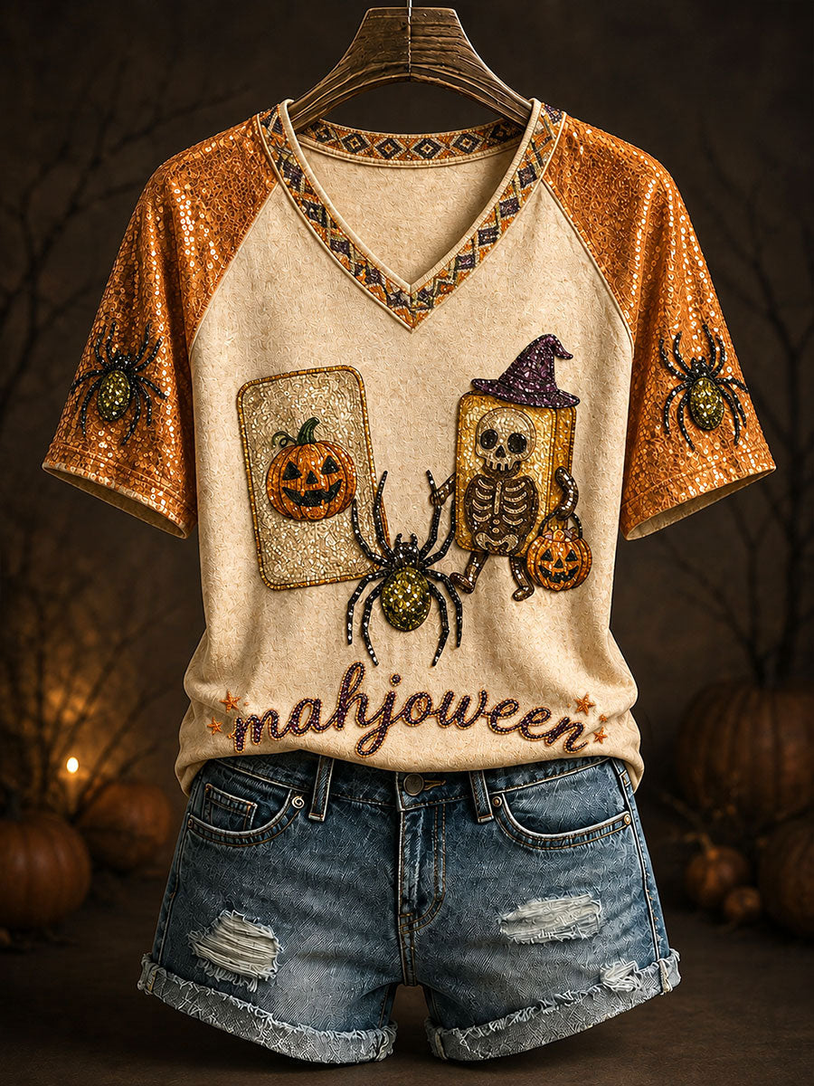 Women’s Halloween Mahjong V-Neck T-Shirts