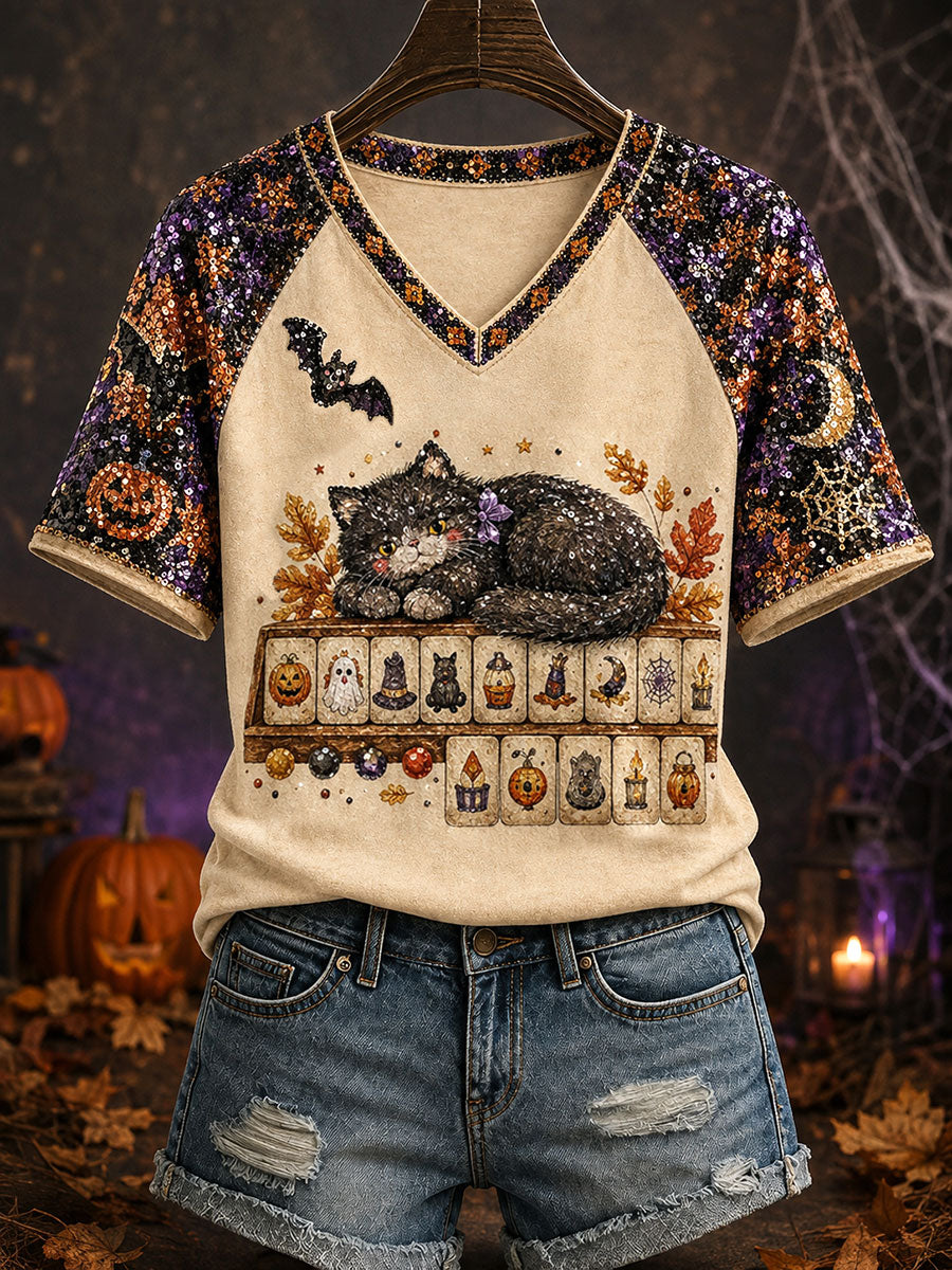 Women's Halloween Black Cat Mahjong V-neck T-shirts