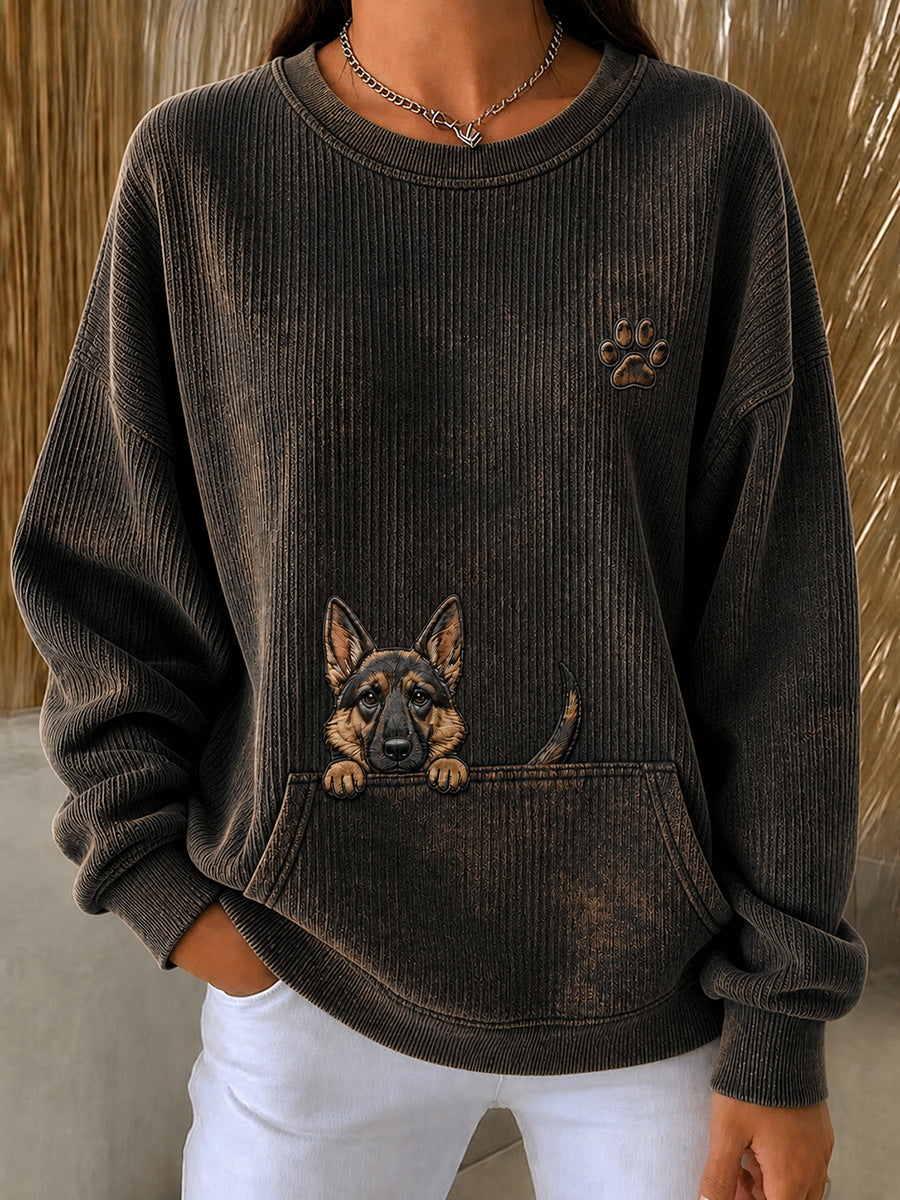 Women's Cute Peeking German Shepherd & Paw Print Round-Neck Sweatshirt