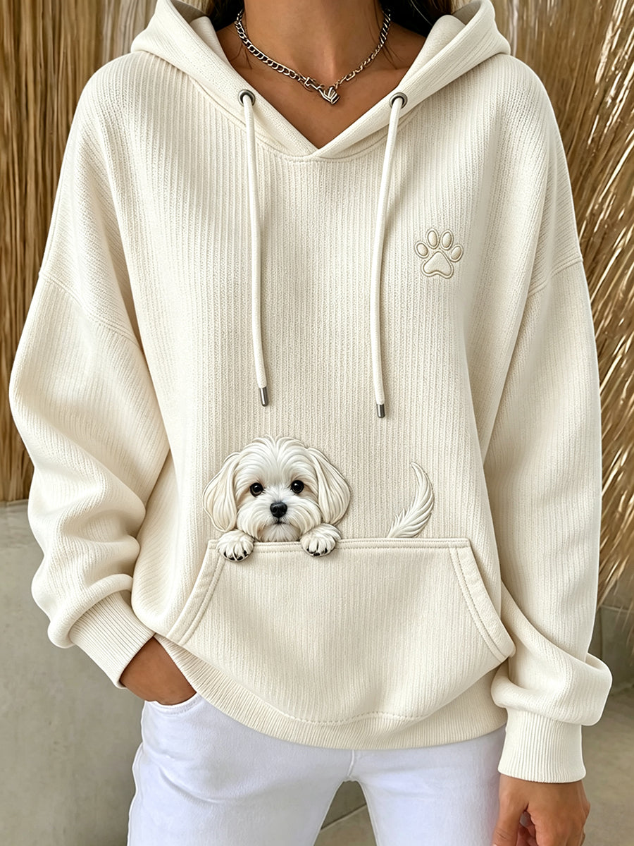Women's Cute Peeking Maltese Dog & Paw Print Comfy Hoodie