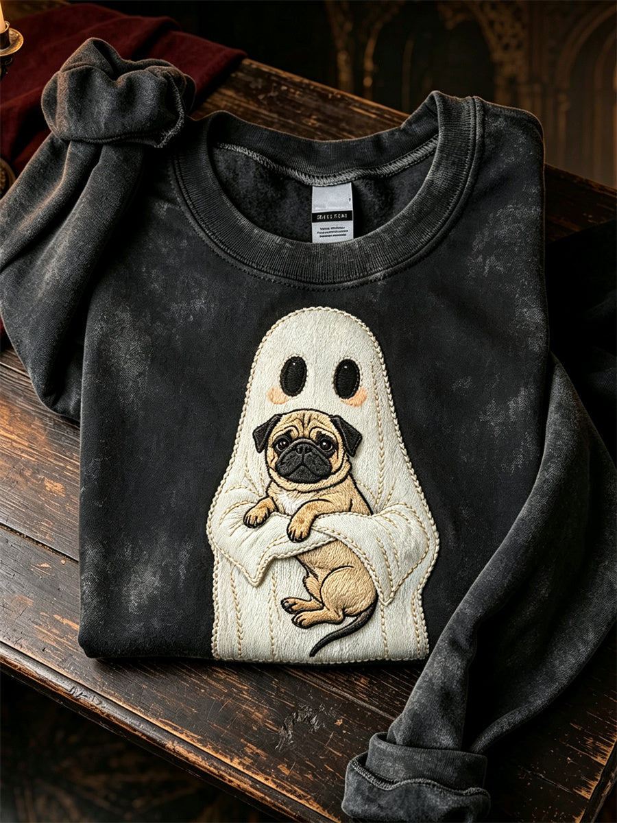 Women's Halloween Ghost & Pug Dog Print Regular Sweatshirt