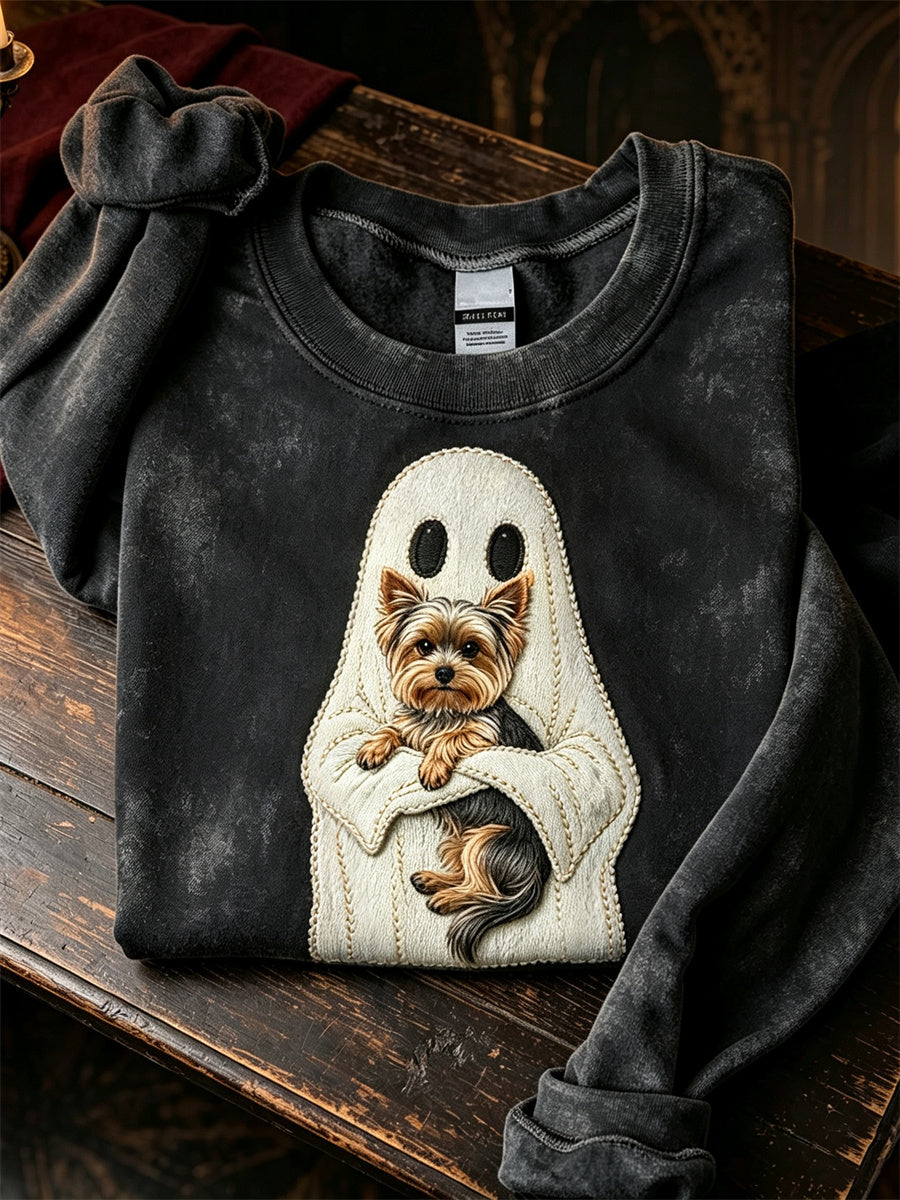 Women's Halloween Ghost & Yorkshire Dog Print Regular Sweatshirt