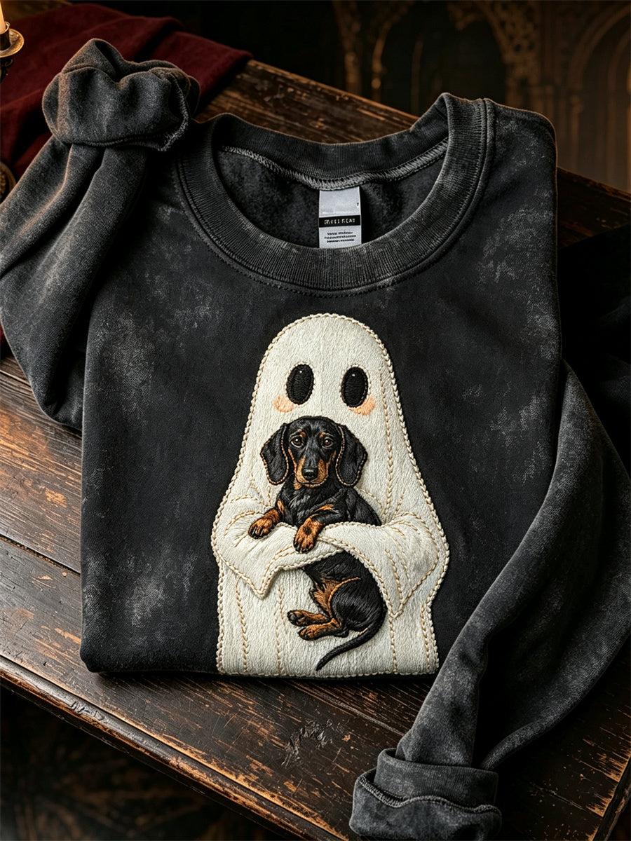 Women's Halloween Ghost & Dachshund Dog Print Regular Sweatshirt