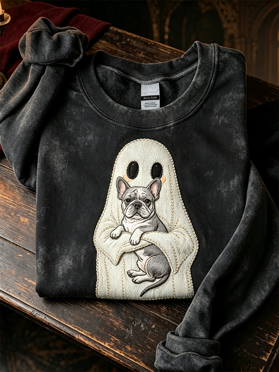 Women's Halloween Ghost & French Bulldog Print Regular Sweatshirt