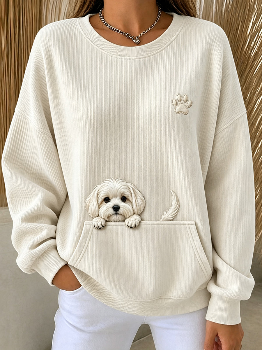Women's Cute Peeking Maltese Dog & Paw Print Round-Neck Sweatshirt