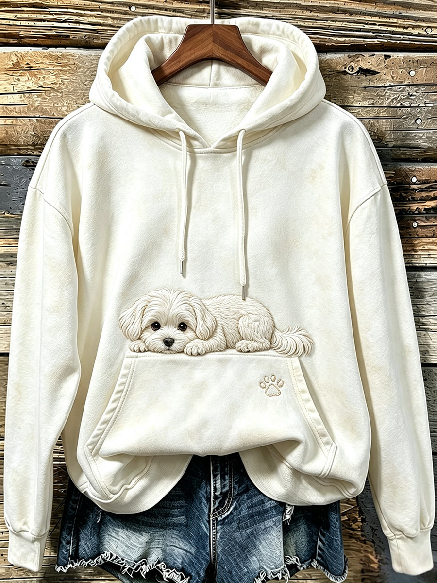 Women's Cute Peeking Maltese Dog & Paws Print Cozy Hoodie