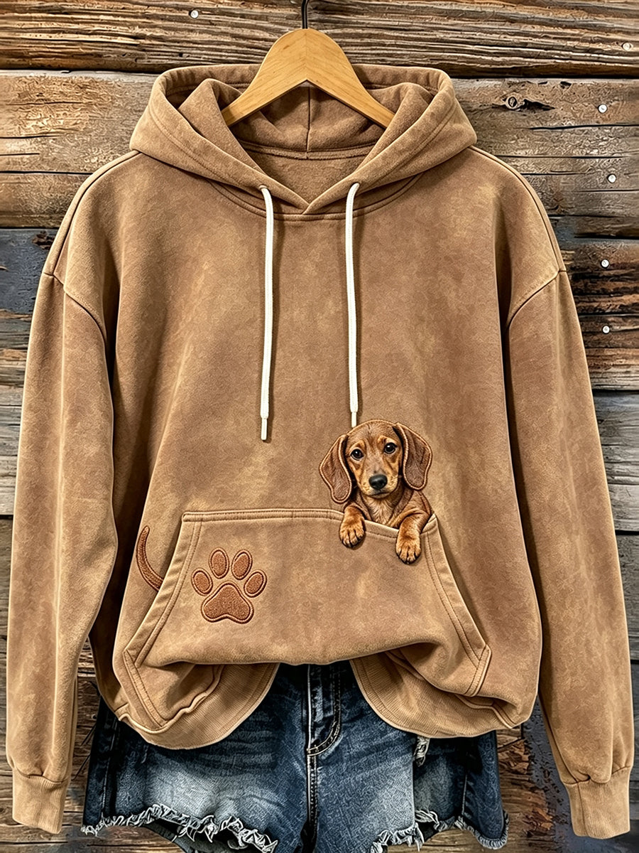 Women's Cute Peeking Dachshund Dog & Paws Print Cozy Hoodie