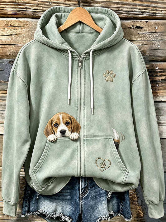 Women's Cute Peeking Beagle & Paw Print Cozy Zip-Up Hoodie