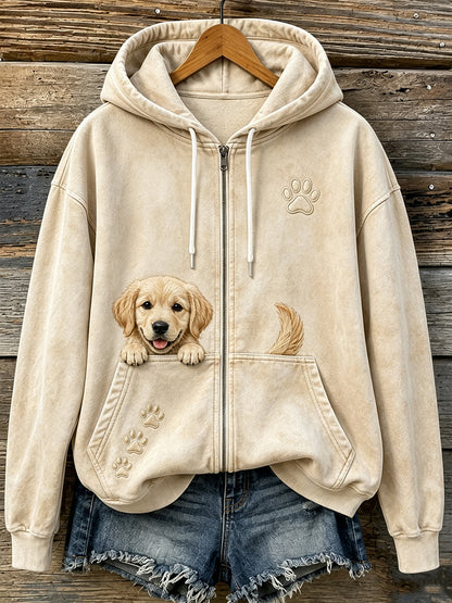 Women's Cute Peeking Golden Retriever & Paws Print Cozy Zip-Up Hoodie