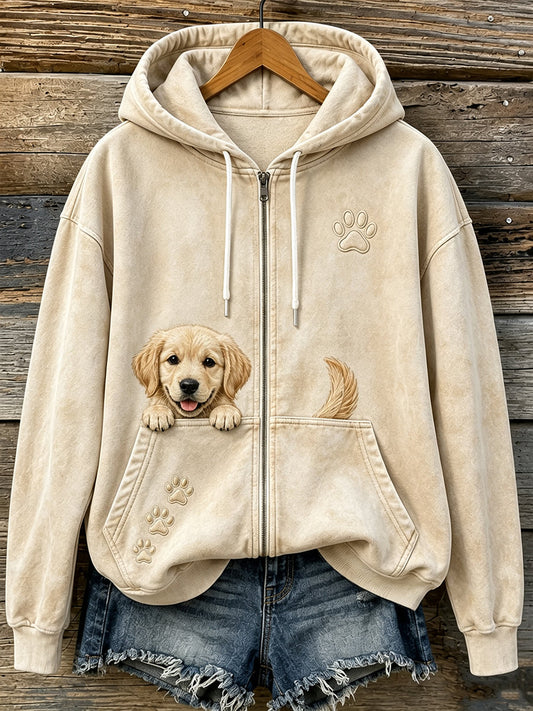 Women's Cute Peeking Golden Retriever & Paws Print Cozy Zip-Up Hoodie