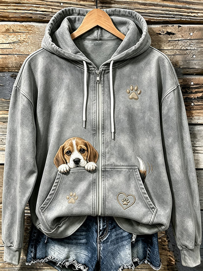 Women's Cute Peeking Beagle & Paw Print Cozy Zip-Up Hoodie