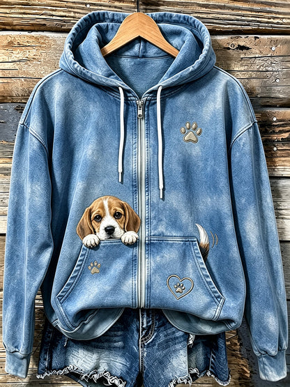 Women's Cute Peeking Beagle & Paw Print Cozy Zip-Up Hoodie