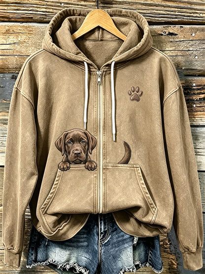 Women's Chocolate Labrador & Paw Print Cozy Zip-Up Hoodie