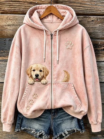 Women's Cute Peeking Golden Retriever & Paws Print Cozy Zip-Up Hoodie