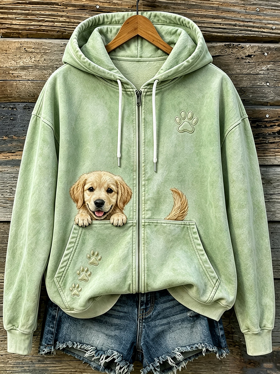 Women's Cute Peeking Golden Retriever & Paws Print Cozy Zip-Up Hoodie