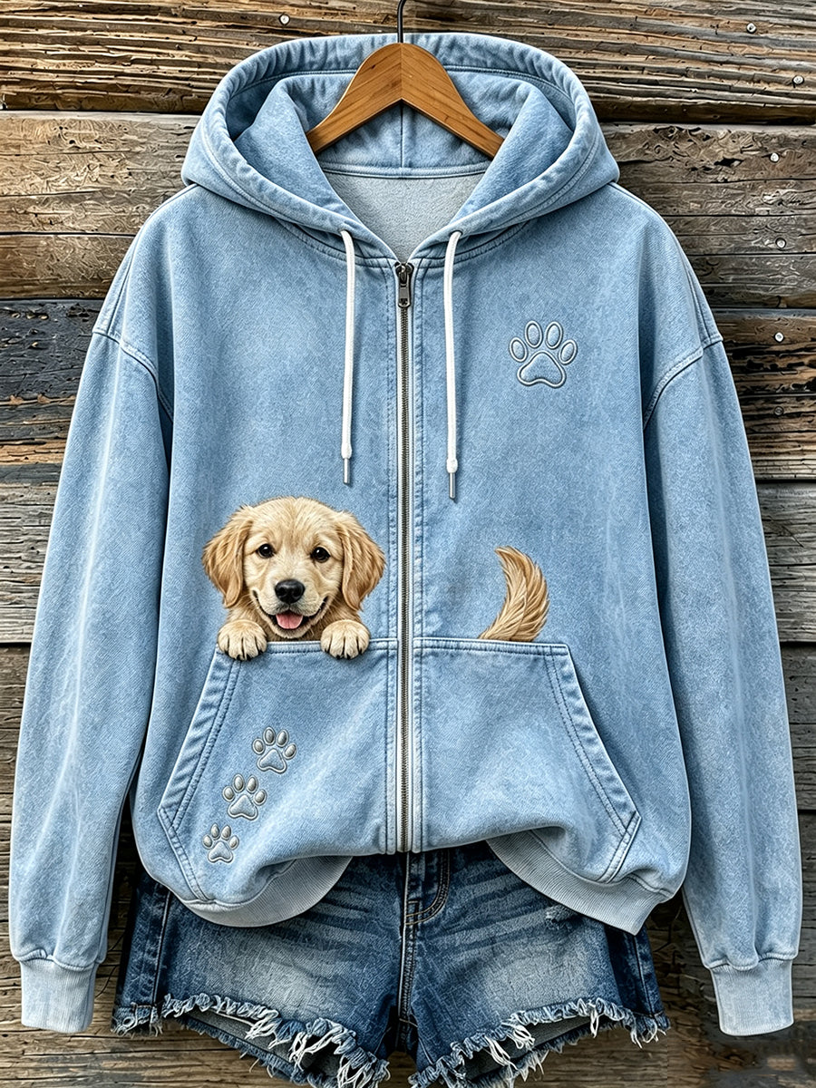 Women's Cute Peeking Golden Retriever & Paws Print Cozy Zip-Up Hoodie