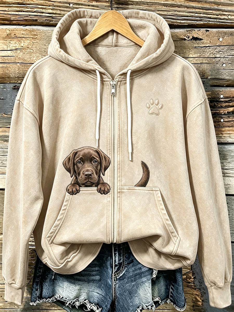 Women's Chocolate Labrador & Paw Print Cozy Zip-Up Hoodie