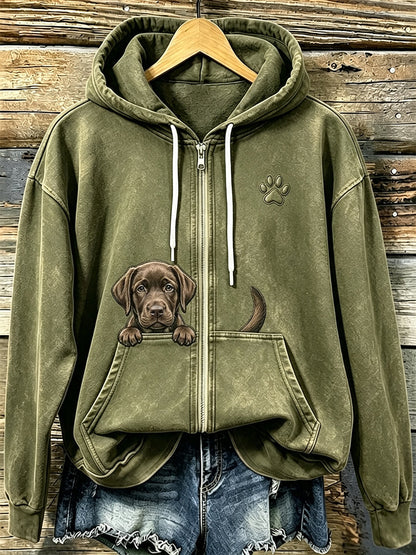 Women's Chocolate Labrador & Paw Print Cozy Zip-Up Hoodie