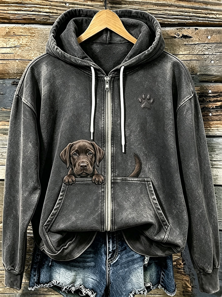 Women's Chocolate Labrador & Paw Print Cozy Zip-Up Hoodie