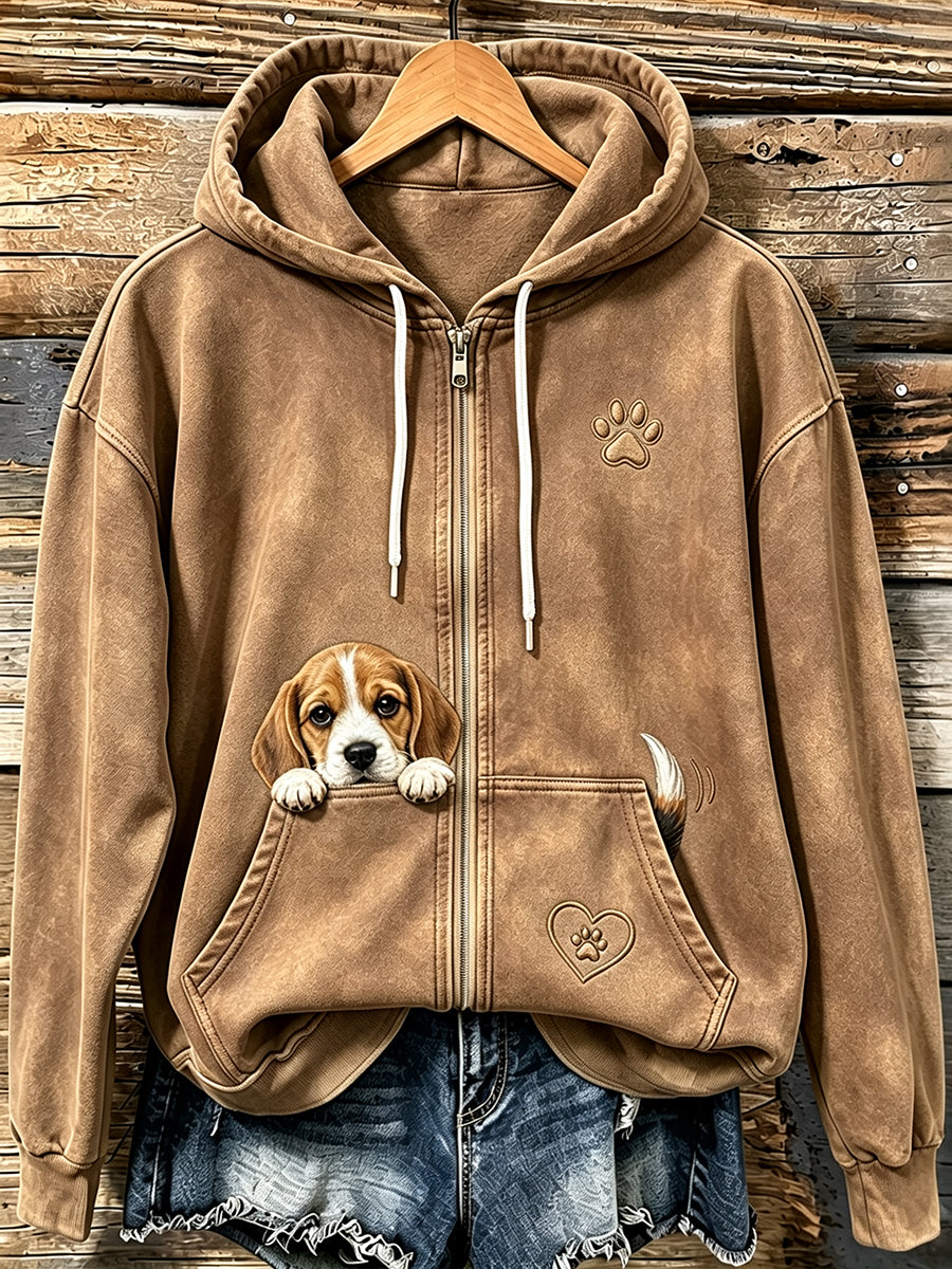 Women's Cute Peeking Beagle & Paw Print Cozy Zip-Up Hoodie