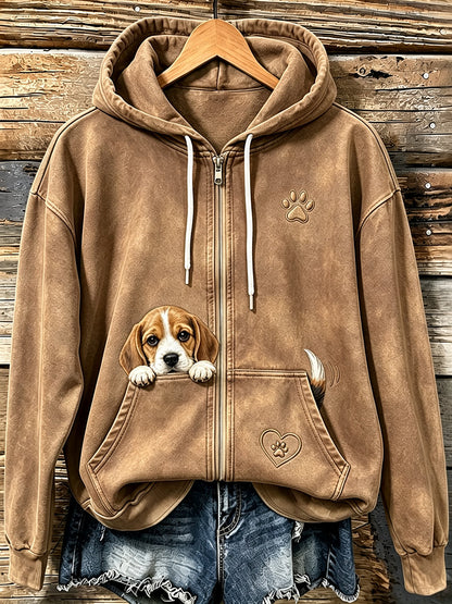 Women's Cute Peeking Beagle & Paw Print Cozy Zip-Up Hoodie