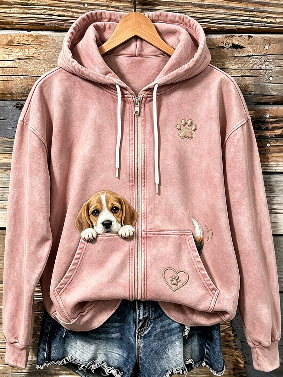 Women's Cute Peeking Beagle & Paw Print Cozy Zip-Up Hoodie