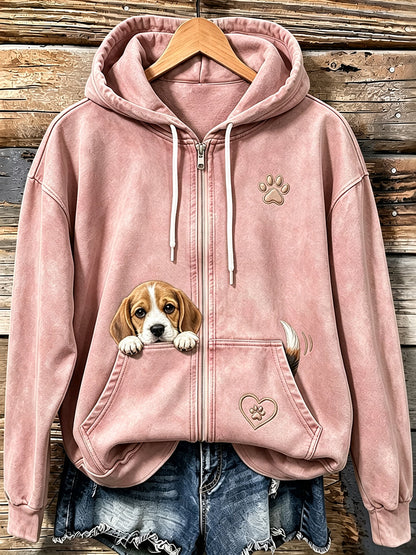 Women's Cute Peeking Beagle & Paw Print Cozy Zip-Up Hoodie