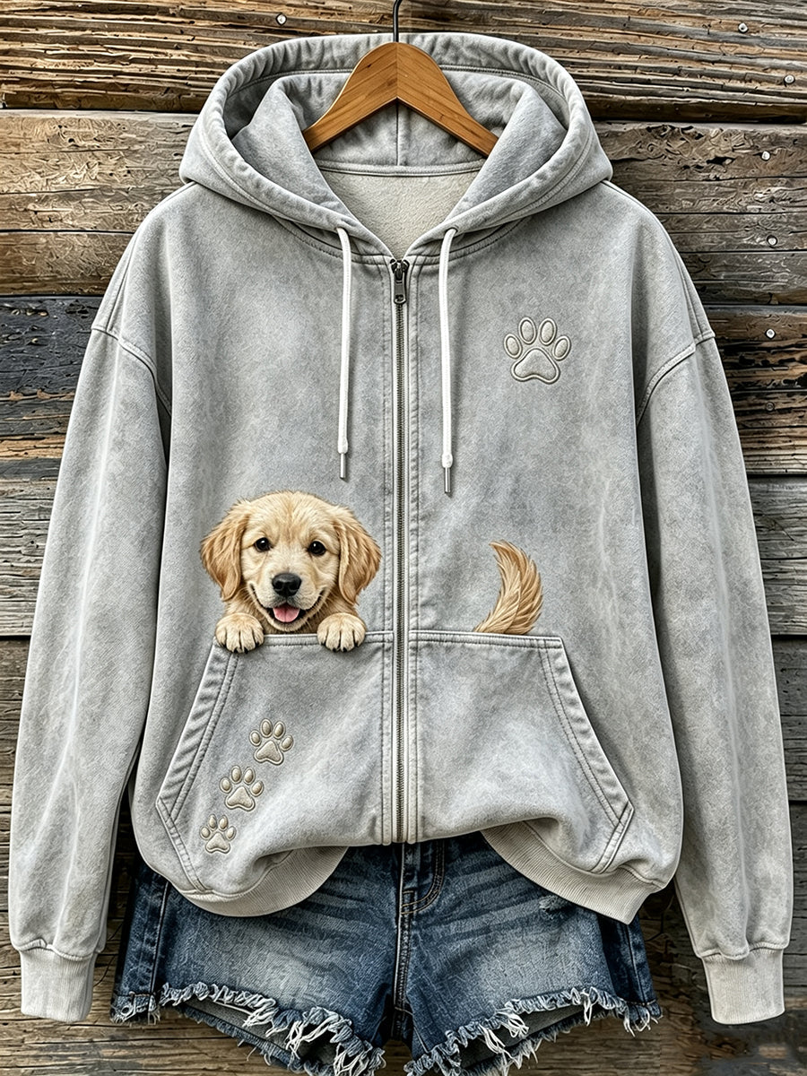 Women's Cute Peeking Golden Retriever & Paws Print Cozy Zip-Up Hoodie