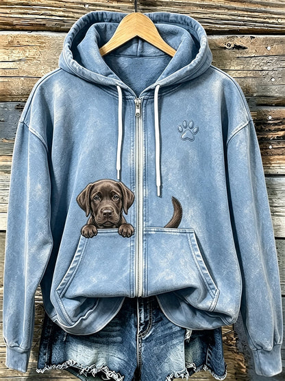 Women's Chocolate Labrador & Paw Print Cozy Zip-Up Hoodie