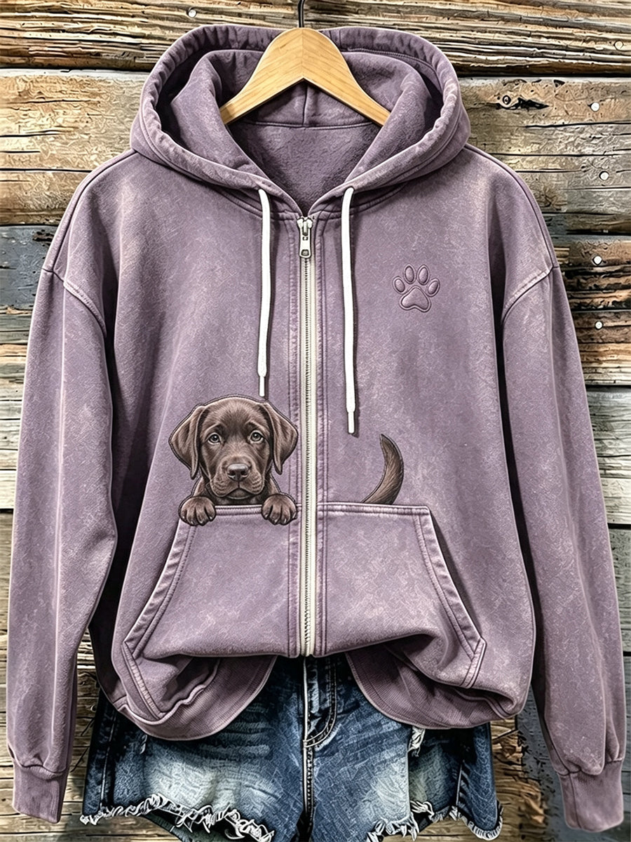 Women's Chocolate Labrador & Paw Print Cozy Zip-Up Hoodie