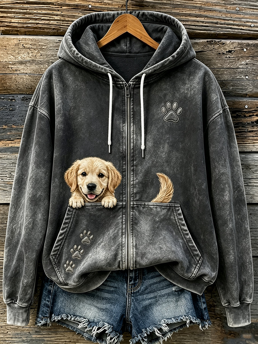 Women's Cute Peeking Golden Retriever & Paws Print Cozy Zip-Up Hoodie