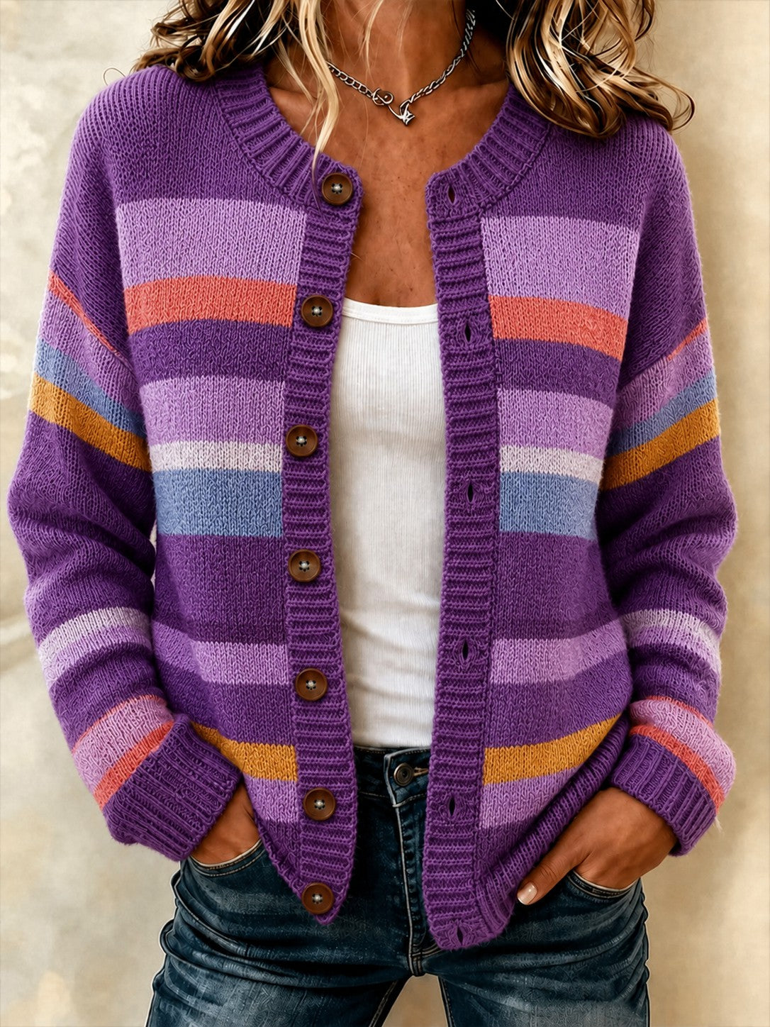 Women's Purple Stripe Alzheimer's Disease Printed Cozy Cardigan