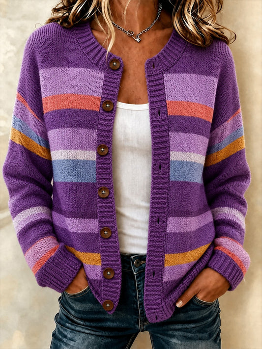 Women's Purple Stripe Alzheimer's Disease Printed Cozy Cardigan