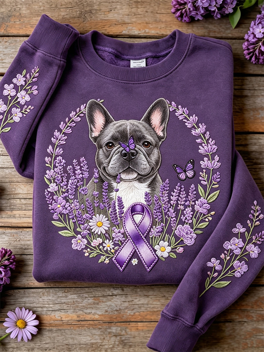 Women's French Bulldog Purple Ribbon Lavender Floral Print Sweatshirt