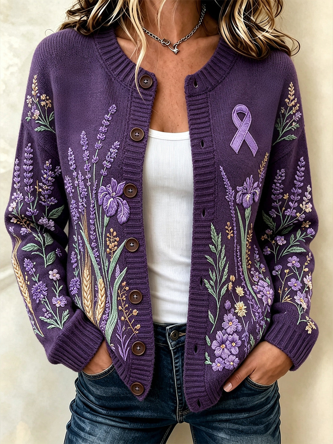 Women's purple floral and purple charity ribbon pattern design casual cardigan-style knit jacket