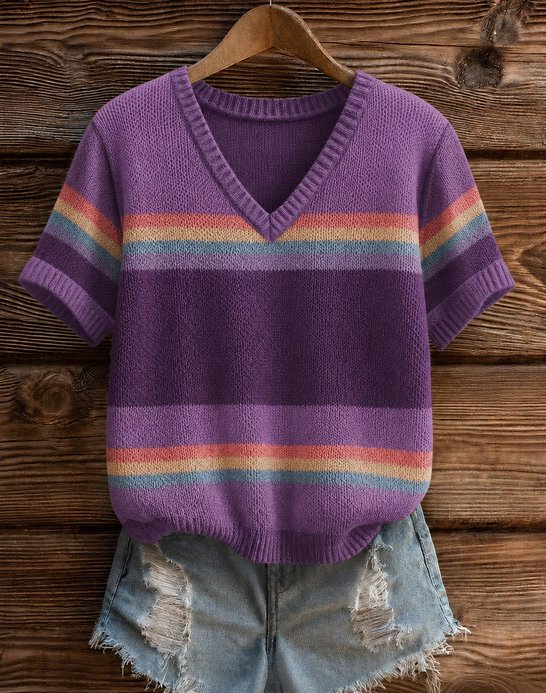 Women's Purple Stripe Alzheimer's Disease Printed V-neck T-shirt