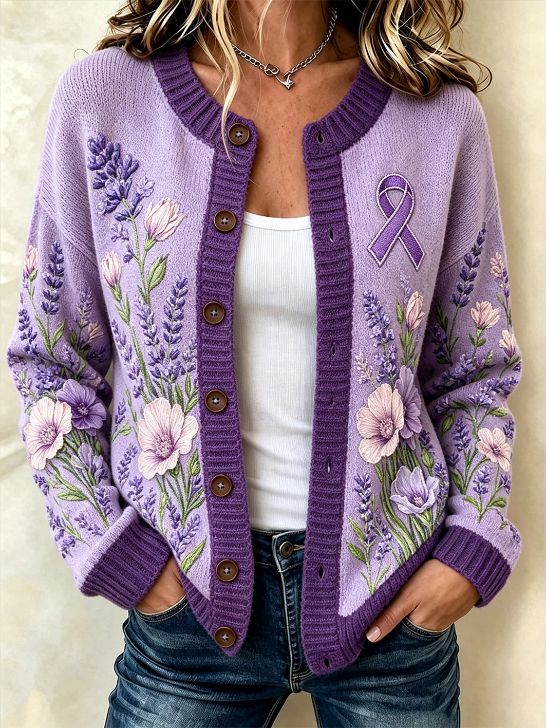Women's purple floral and purple charity ribbon pattern design casual cardigan-style knit jacket