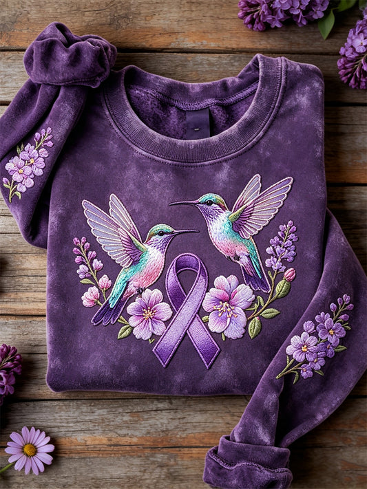 Women's Humming Birds & Purple Ribbon Floral Print Sweatshirt