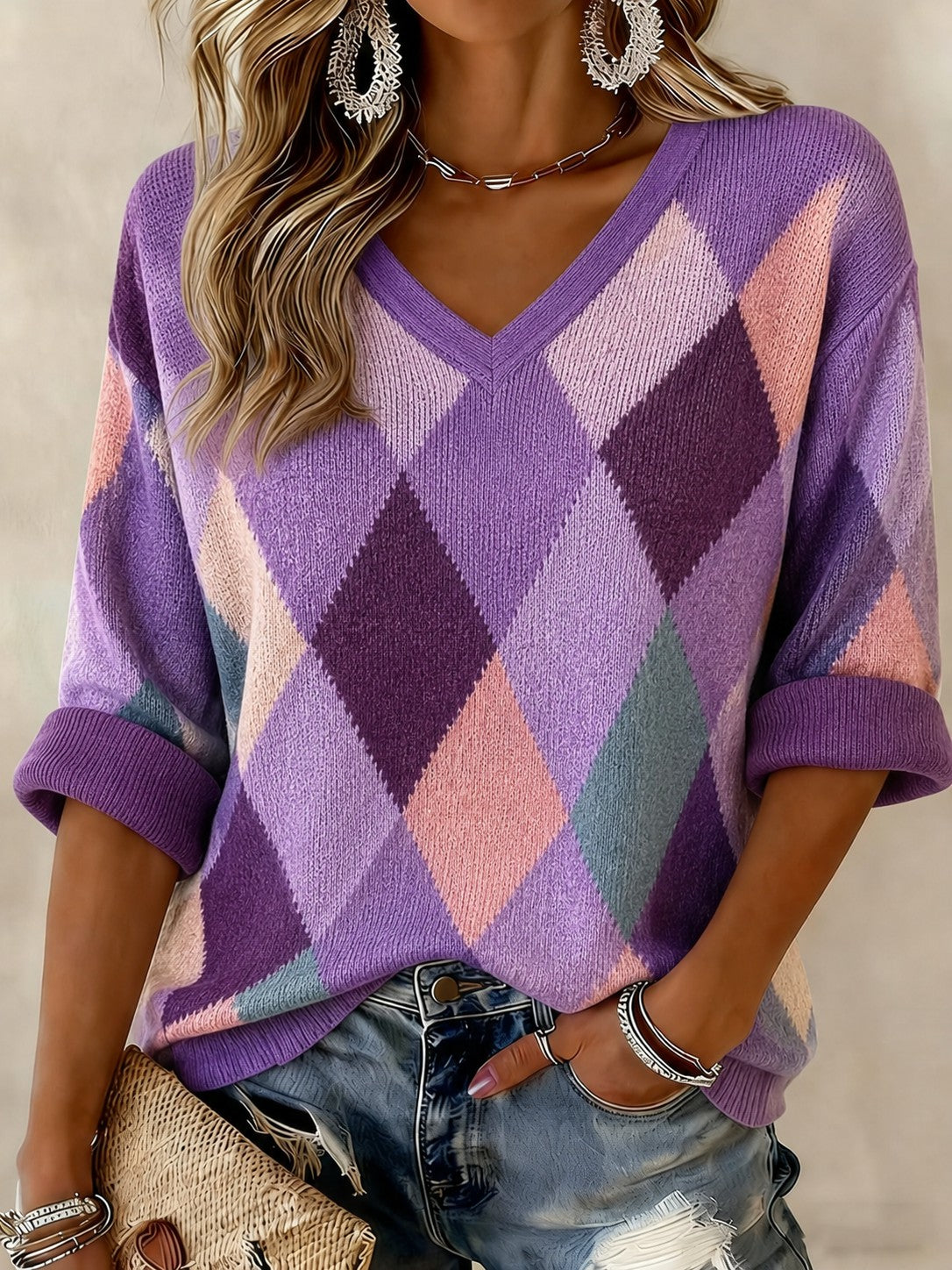 Women's Purple Stripe Alzheimer's Disease Printed Mid-length Sleeves V-neck T-shirt