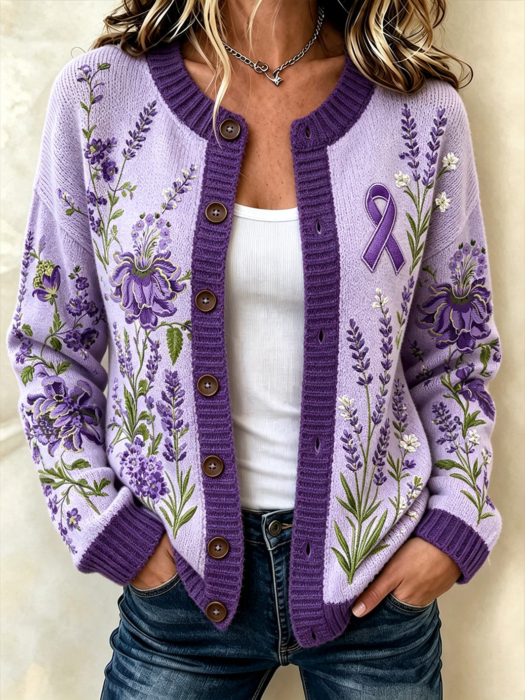 Women's purple floral and purple charity ribbon pattern design casual cardigan-style knit jacket