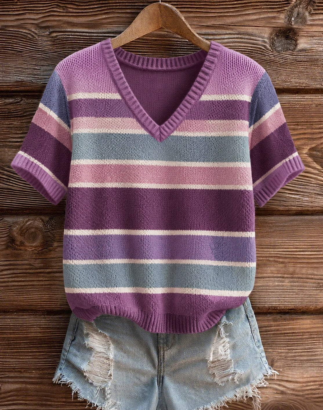 Women's Purple Stripe Alzheimer's Disease Printed V-neck T-shirt