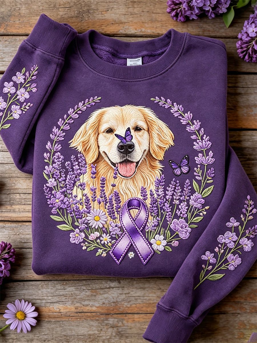 Women's Golden Retriever Dog Purple Ribbon Lavender Floral Print Sweatshirt