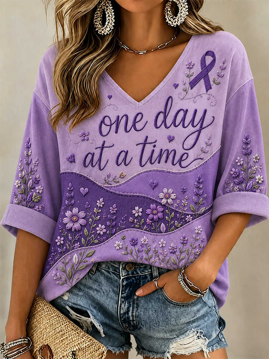 Women's Purple Floral & Alzheimer's Awareness Support Print V-Neck Tee