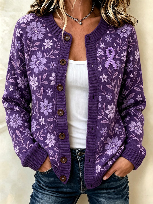 Women's purple floral and purple charity ribbon pattern design casual cardigan-style knit jacket