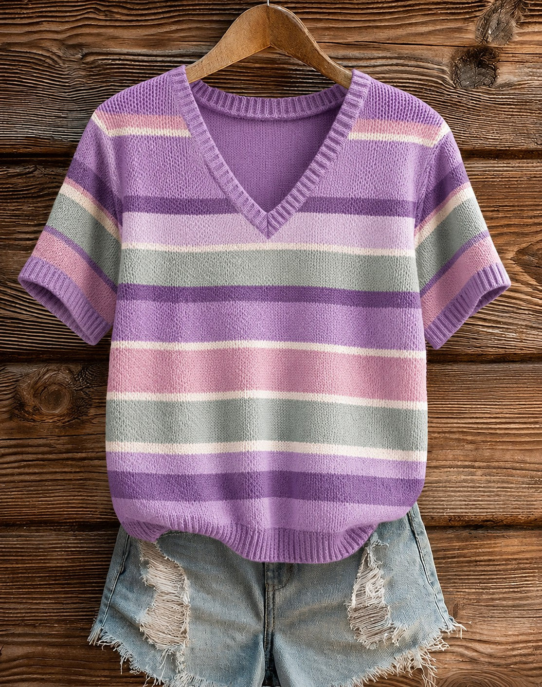 Women's Purple Stripe Alzheimer's Disease Printed V-neck T-shirt