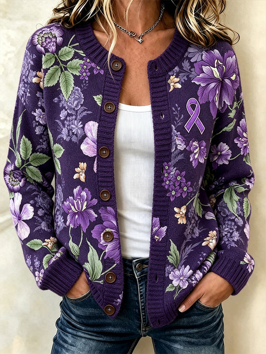 Women's purple floral and purple charity ribbon pattern design casual cardigan-style knit jacket