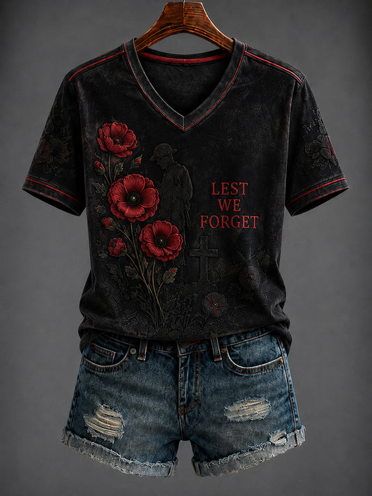 Women's Remembrance Day Printed V-neck T-shirt