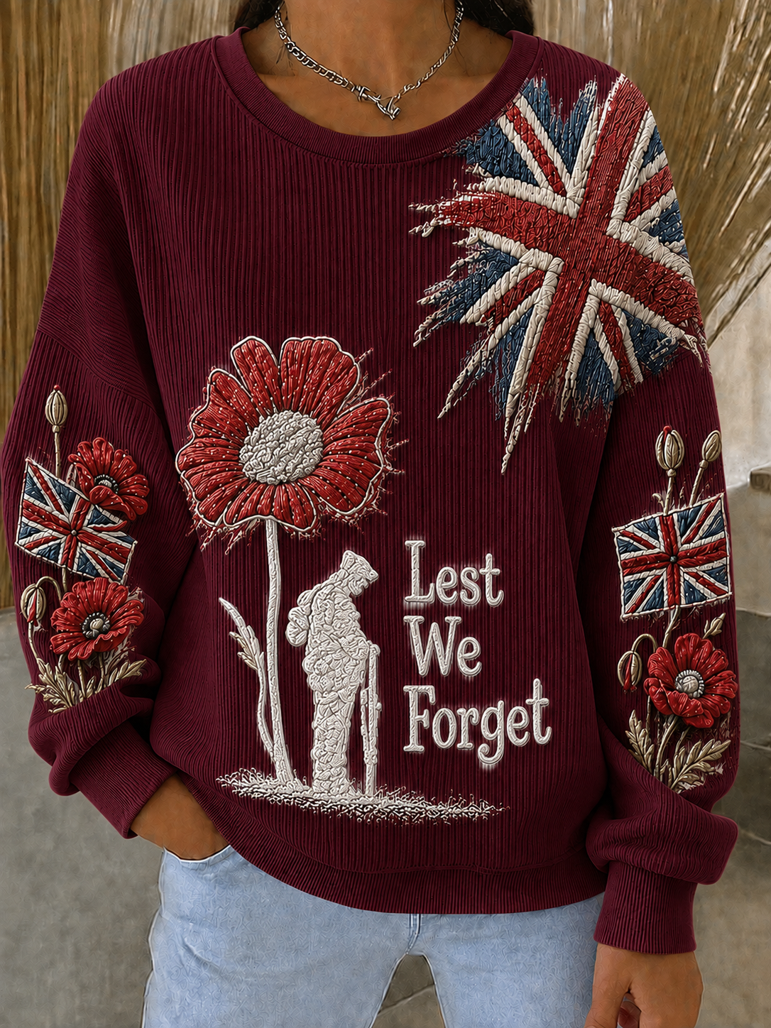 Women's Remembrance Day Ribbed Round-Neck Sweatshirt