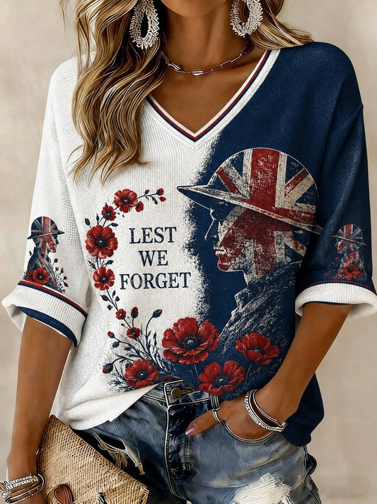 Women's Lest We Forget Printed Mid-length Sleeves V-neck T-shirt
